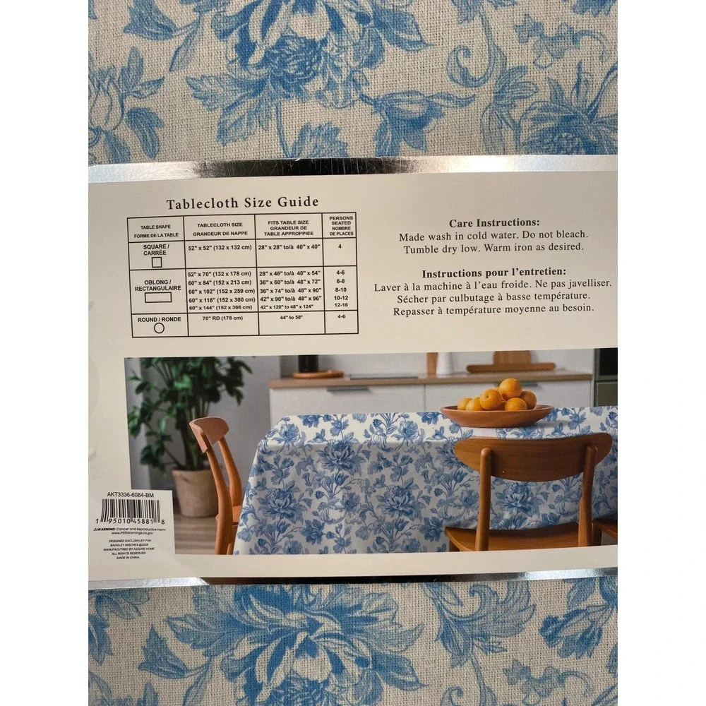 Badgley Mischka Tablecloth 60x84 Blue Floral Water Resistant Indoor Outdoor